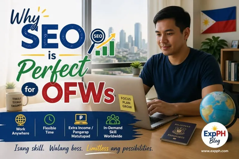 Filipino OFW working on a laptop at home with SEO graphics showing online income, flexible work, and global opportunities