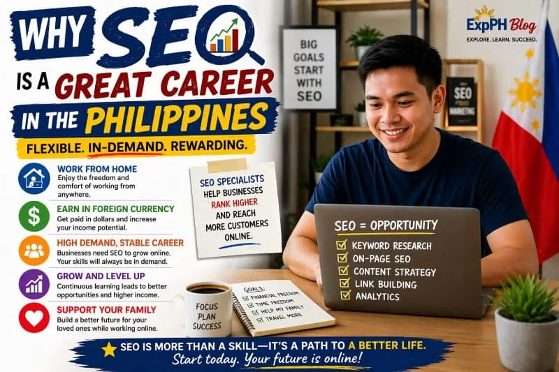 Filipino professional working on laptop showing SEO career benefits like remote work, high demand, and earning opportunities in the Philippines