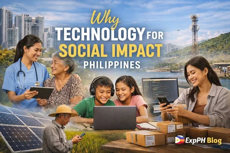 Filipino people using technology for healthcare, education, online work, and business showing social impact in the Philippines
