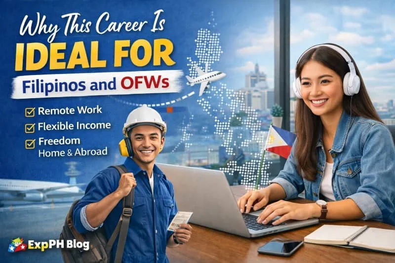 Filipino remote worker using laptop with Philippine flag and social media icons representing online career opportunities for OFWs and freelancers