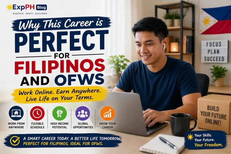 Filipino professional working from home on laptop with e-commerce setup showing flexible online career for Filipinos and OFWs