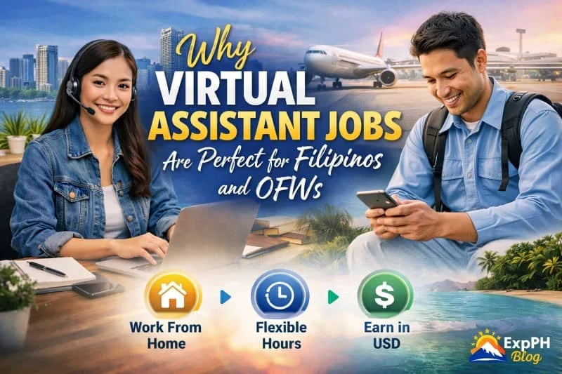 A Filipina virtual assistant working on a laptop with headset and a Filipino OFW at the airport using a smartphone, with icons showing work from home, flexible hours, and earning in USD