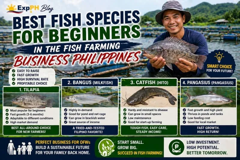 Filipino fish farmer holding tilapia in a fish farm with pond and cage systems, showing best fish species for beginners in the fish farming business Philippines