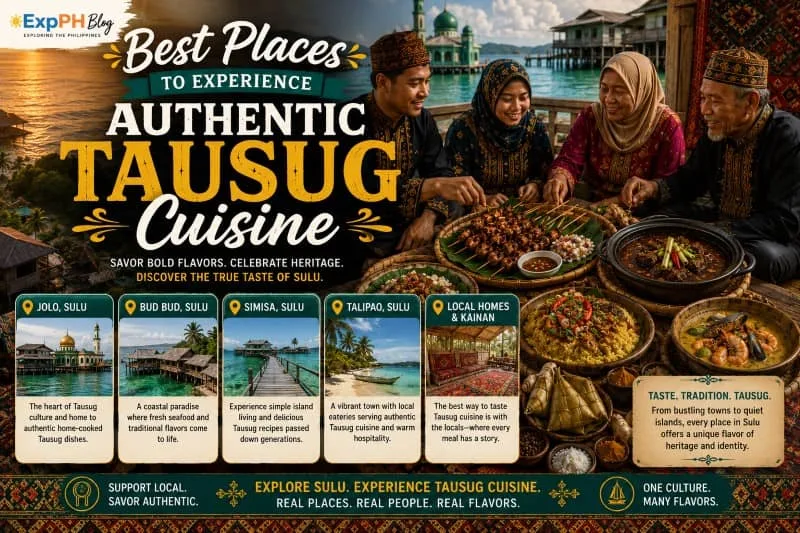 An infographic showing a Tausug family enjoying traditional dishes like Tiyula Itum and seafood overlooking a coastal village in Sulu.