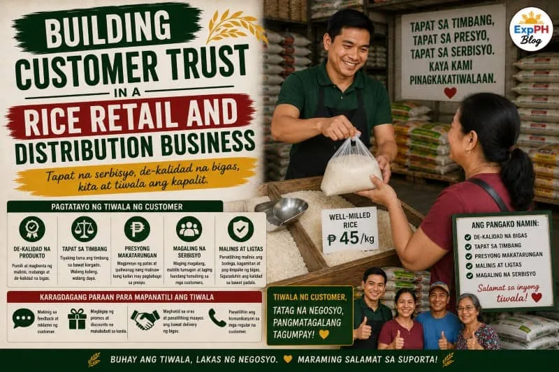 Filipino rice retailer serving a customer inside a rice retail and distribution store with ExpPH Blog logo