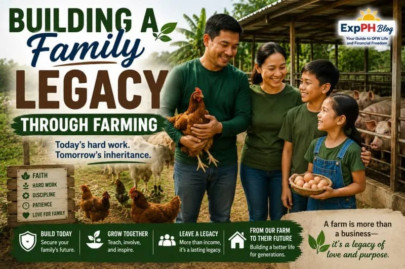 Filipino family standing together on a livestock farm while holding chickens and eggs beside pig pens with ExpPH Blog logo.