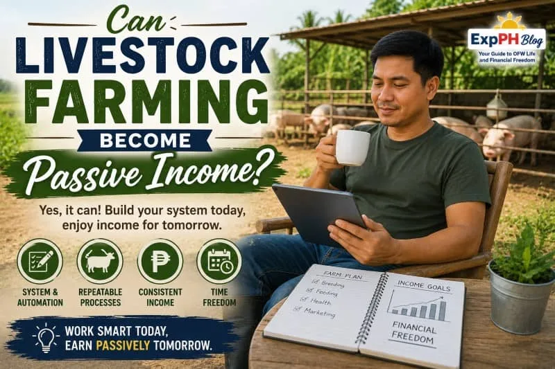 Filipino farmer relaxing with coffee while managing a livestock farming business using a tablet and farm planning notebook beside pig pens with ExpPH Blog logo.