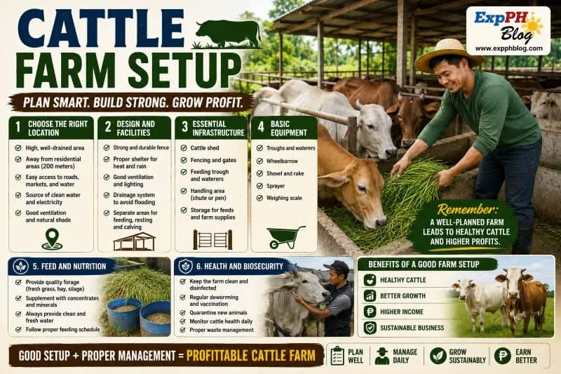 Filipino cattle farmer managing cows inside a clean and organized cattle farm setup with feeding and shelter areas in the Philippines.