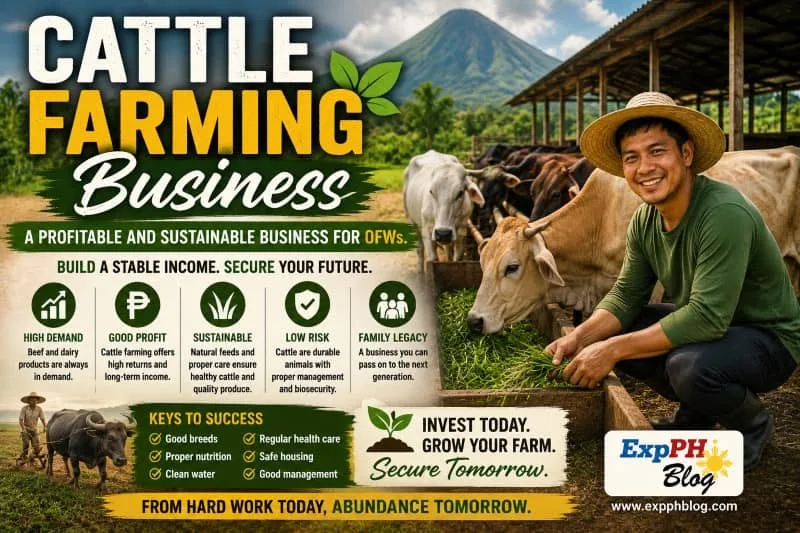Filipino cattle farmer standing beside healthy cows inside a cattle farm while promoting a profitable cattle farming business in the Philippines.