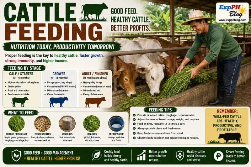 Filipino cattle farmer feeding cows with fresh forage inside a clean cattle farm while practicing proper cattle feeding management in the Philippines.