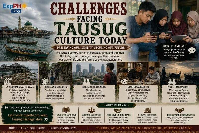 Realistic Filipino-inspired image showing modern challenges facing Tausug Culture including cultural change, migration, technology influence, and preservation efforts in Sulu.