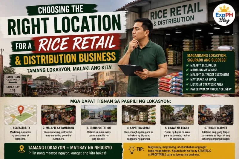 Filipino entrepreneur choosing the best location for a rice retail and distribution business with ExpPH Blog logo