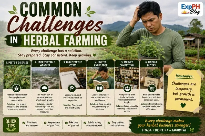 Filipino herbal farmer facing common farming challenges such as pests, weather problems, market competition, and production costs in a medicinal plant farm.
