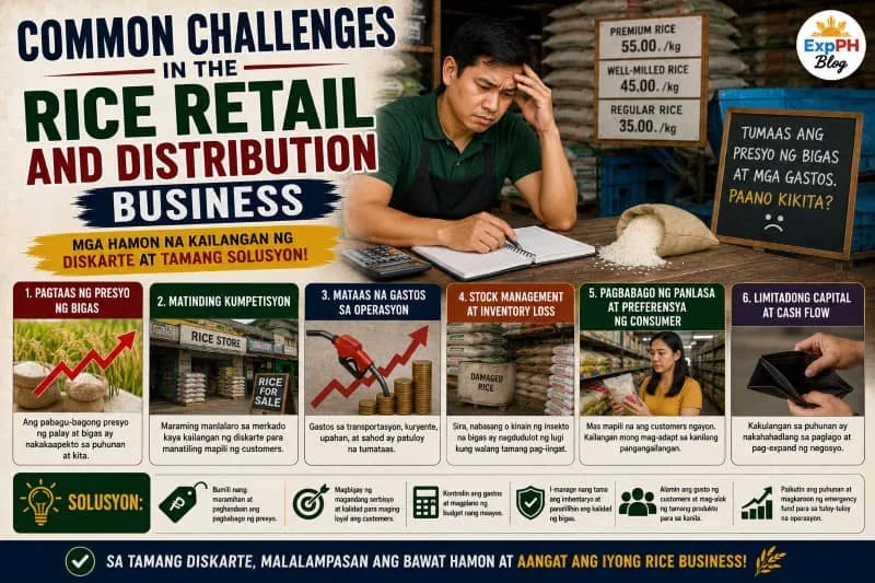 Filipino rice business owner facing common challenges in a rice retail and distribution business with ExpPH Blog logo