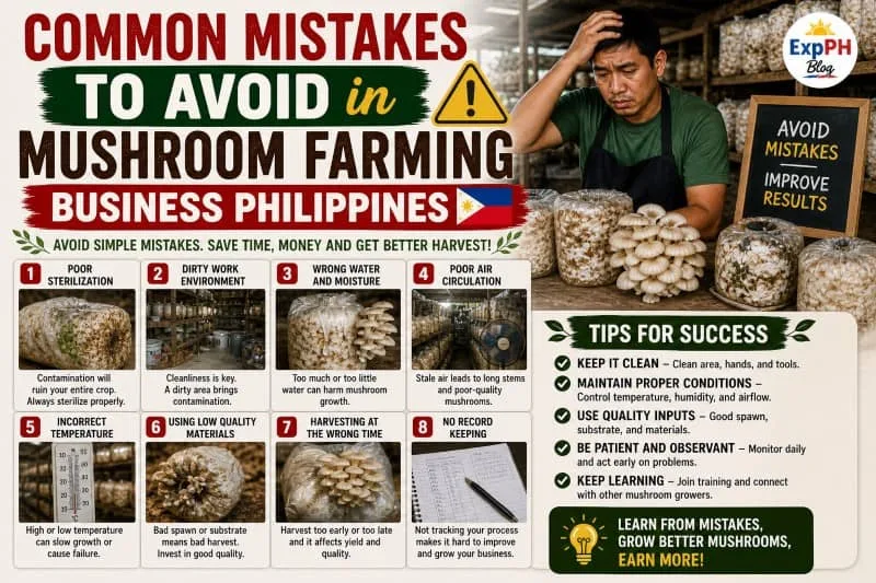 Filipino mushroom farmer inside a growing area looking concerned while checking fruiting bags, showing common mistakes in mushroom farming setup