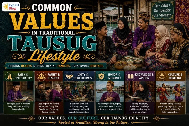 Traditional Tausug families sharing meals and cultural activities while wearing Filipino Muslim clothing in a coastal village community in Sulu.