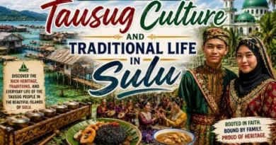 Traditional Tausug culture in Sulu featuring Filipino Muslims wearing traditional clothing, kulintang instruments, local food, stilt houses, and Islamic heritage.