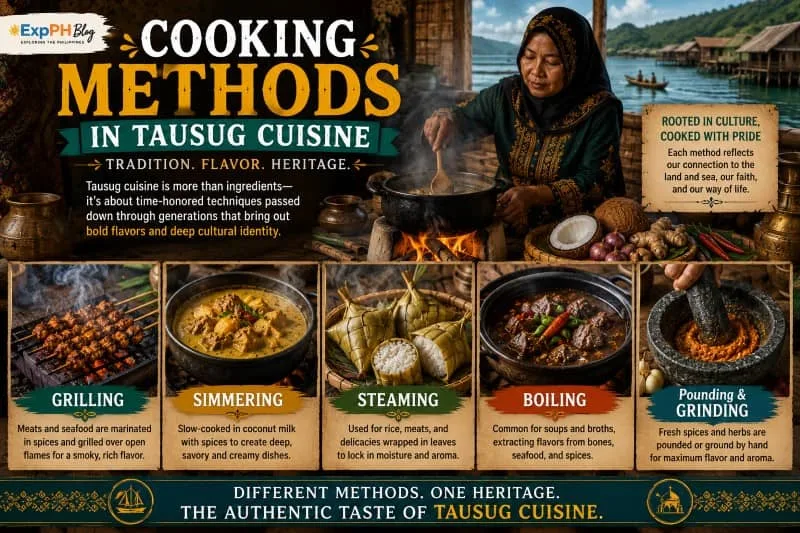 An infographic illustrating traditional Tausug cooking methods, including grilling over charcoal, slow simmering, and grinding spices by hand.