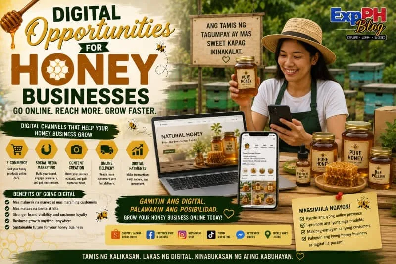 Filipino honey entrepreneurs using smartphones, social media, and online marketplaces to promote and sell honey products in the Philippines.