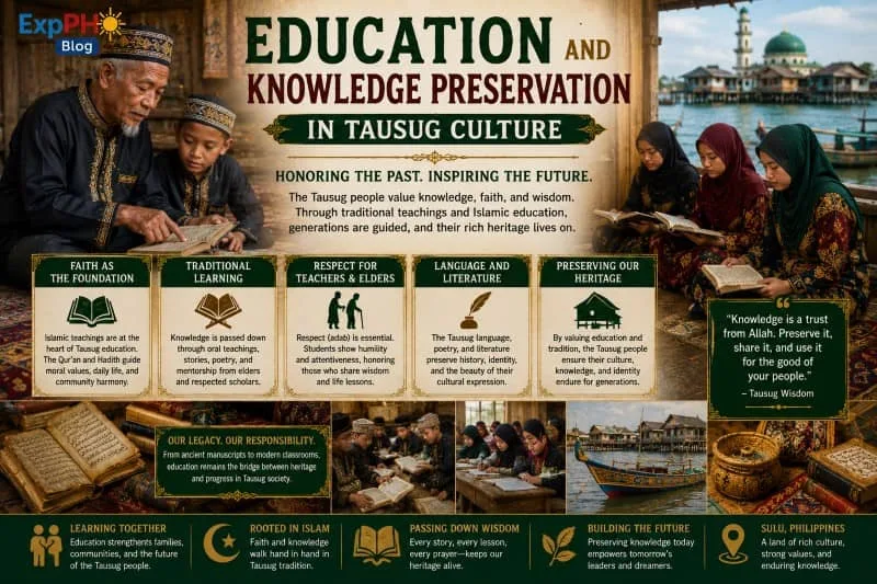 Realistic Filipino-inspired image showing education, Islamic learning, storytelling, traditional teachings, and knowledge preservation in Tausug Culture in Sulu.