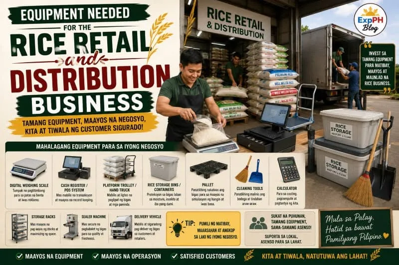 Filipino rice retailer using business equipment inside a rice retail and distribution warehouse with ExpPH Blog logo