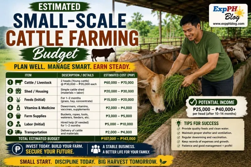 Filipino cattle farmer feeding cows inside a small-scale cattle farm while presenting an estimated cattle farming budget in the Philippines.