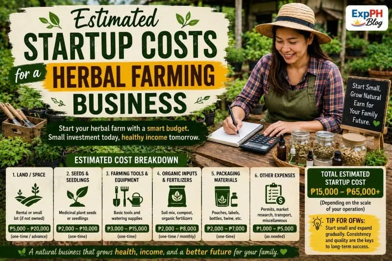 Filipino herbal farmer computing startup costs for a herbal farming business with medicinal plants, farming supplies, seedlings, and budgeting materials in a realistic farm setting.
