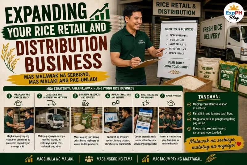 Filipino rice business owner planning expansion strategies for a rice retail and distribution business with ExpPH Blog logo