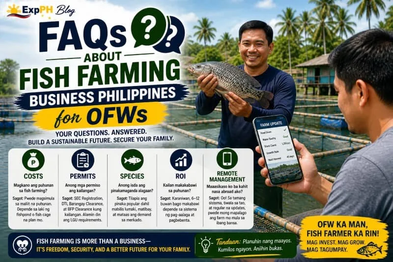 Filipino fish farmer in a fish farm answering common questions about fish farming business Philippines for OFWs with ponds and aquaculture setup in background