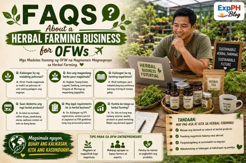 Filipino herbal entrepreneur answering frequently asked questions about herbal farming business opportunities for OFWs with medicinal plants and herbal products.