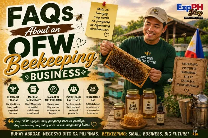 Filipino beekeeper answering common questions about honey production, beekeeping, and OFW agribusiness opportunities on a rural bee farm.