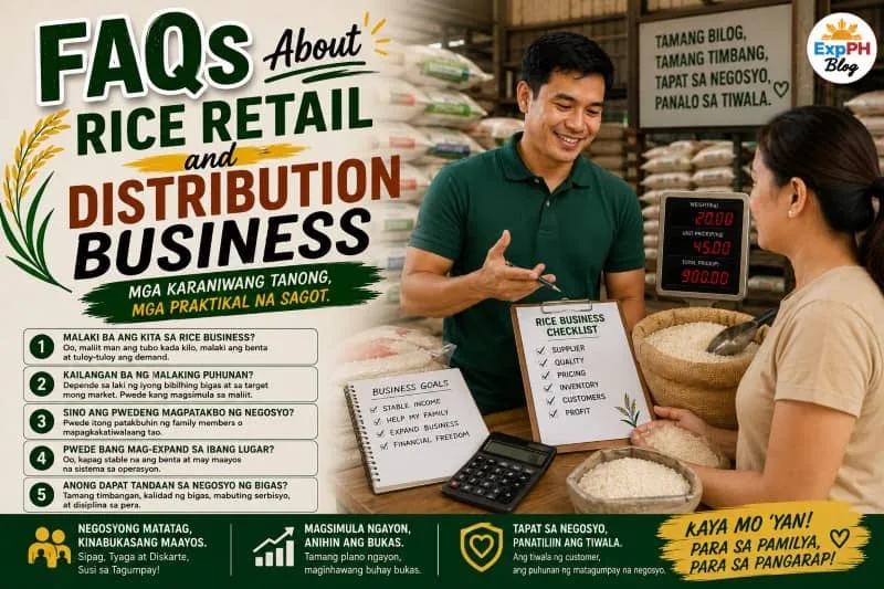 Filipino rice retailer answering frequently asked questions about a rice retail and distribution business with ExpPH Blog logo