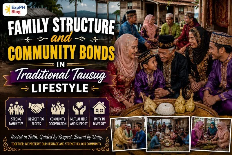 Traditional Tausug family and community members sharing food and conversation in a coastal village while wearing colorful Filipino Muslim cultural clothing.