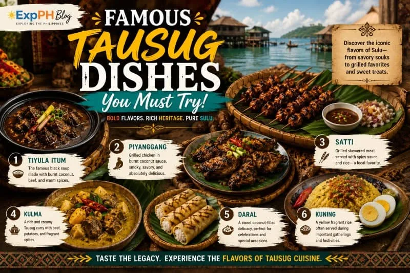 An illustrated spread of famous Tausug dishes from Sulu, including Tiyula Itum, Satti, Kulma, and Daral, set against a traditional coastal background.