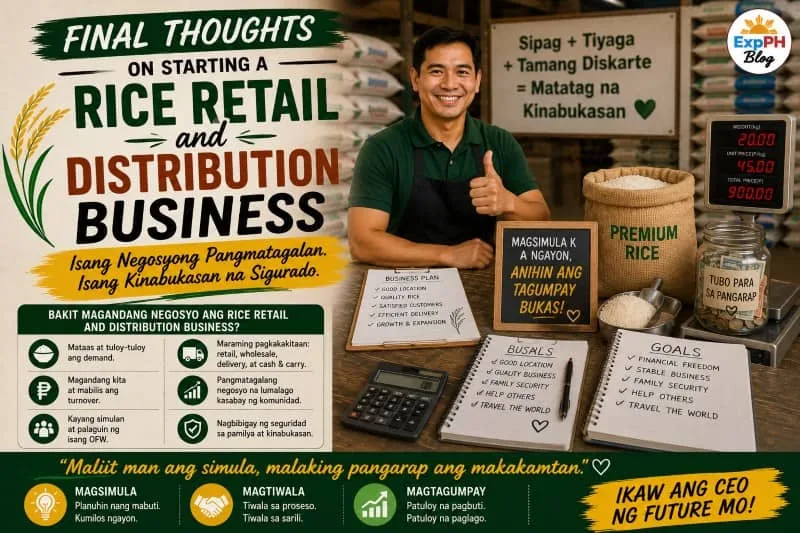Filipino entrepreneur reflecting on starting a rice retail and distribution business with ExpPH Blog logo