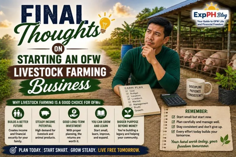 Filipino OFW thoughtfully planning a livestock farming business beside pig pens with farm notes, calculator, and ExpPH Blog logo.