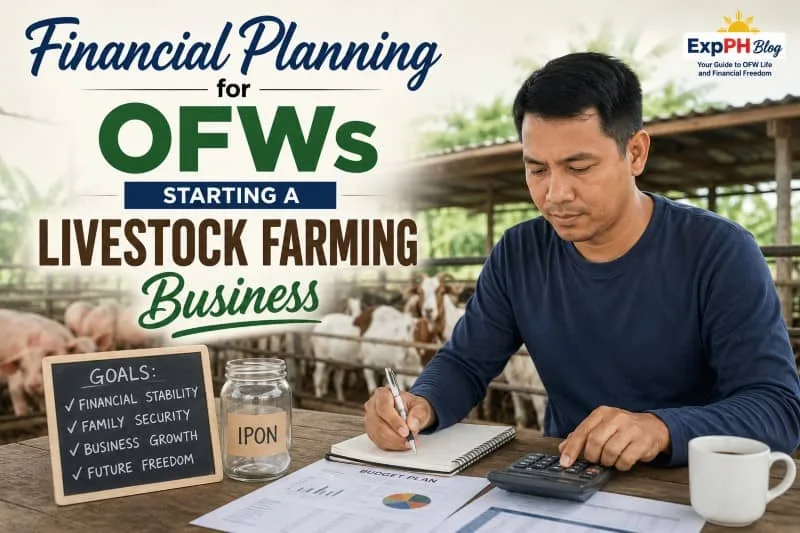 Filipino OFW planning finances for a livestock farming business while managing budget documents, calculator, and farm animals in a realistic farm setting with ExpPH Blog logo.