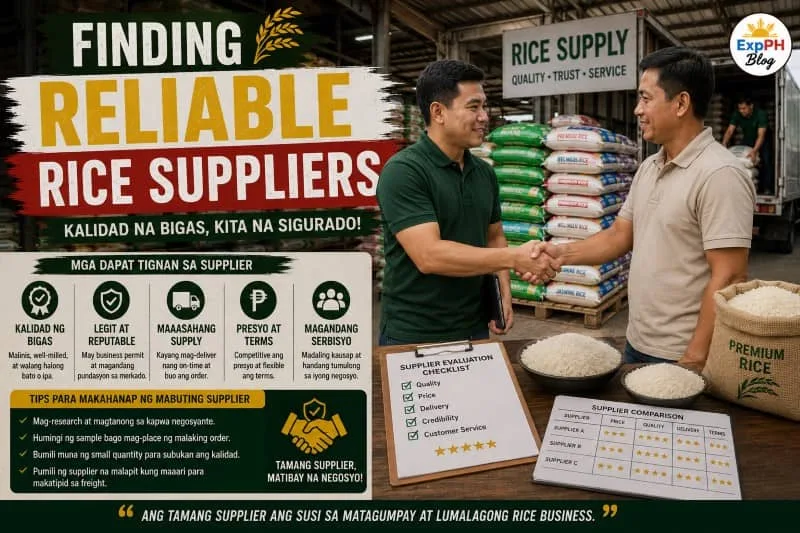 Filipino rice business owners meeting reliable rice suppliers inside a rice warehouse with ExpPH Blog logo