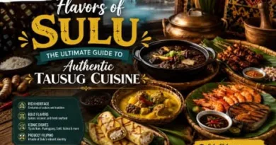 Traditional Tausug cuisine from Sulu featuring Tiyula Itum, grilled seafood, Kulma, and Daral with Filipino cultural elements and ExpPH Blog branding.