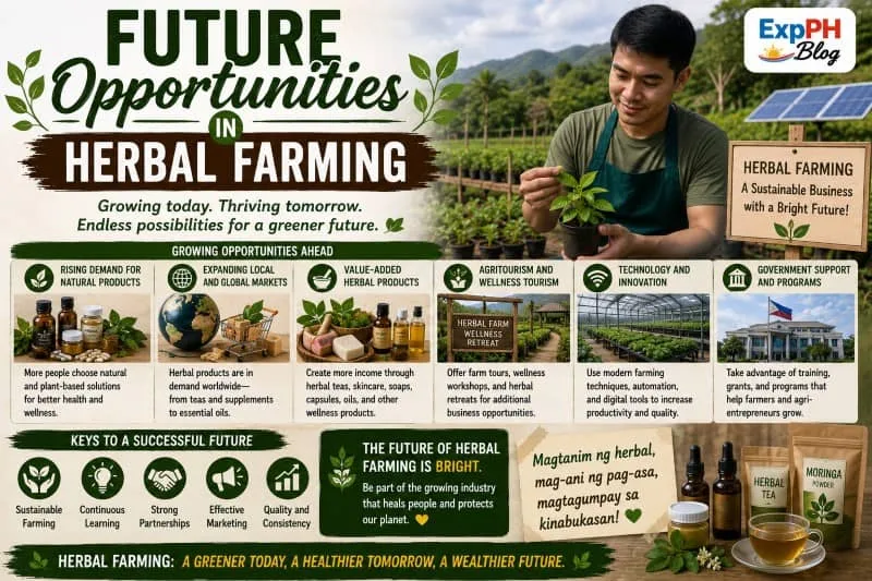 Filipino herbal farmer exploring future opportunities in herbal farming with medicinal plants, herbal products, greenhouse technology, and sustainable agriculture tools.