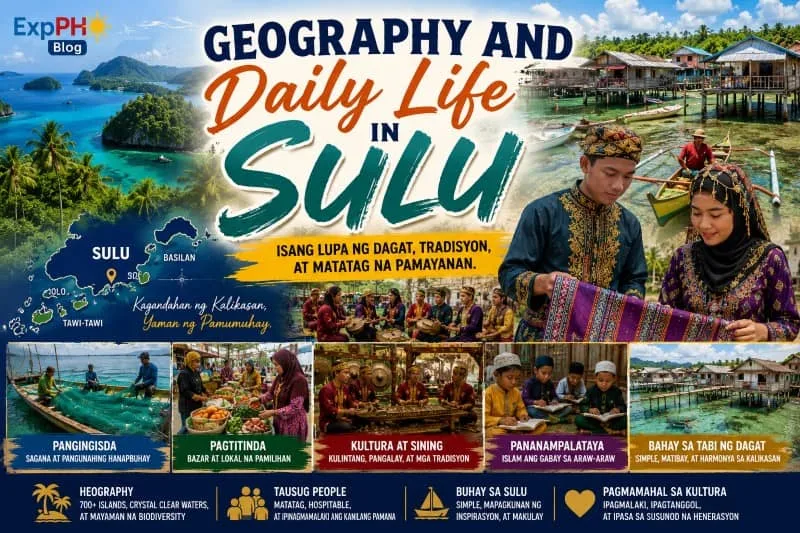 Realistic Filipino-inspired image showing the geography and daily life in Sulu with coastal villages, fishing communities, traditional Tausug clothing, local markets, and cultural traditions.