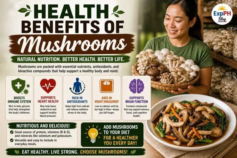Filipino woman holding fresh mushrooms with a healthy cooked mushroom dish on the table, showing the health benefits of mushrooms