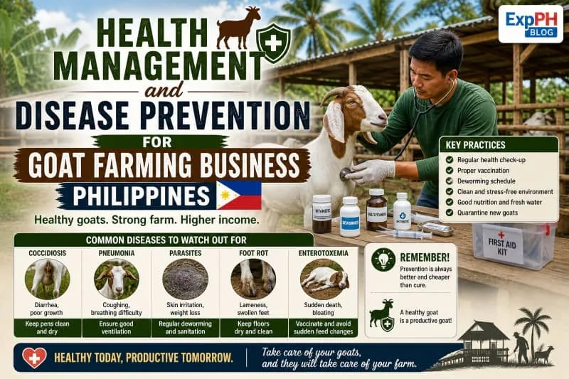 Filipino farmer checking goat health in a farm using veterinary tools, showing disease prevention practices for goat farming business in the Philippines