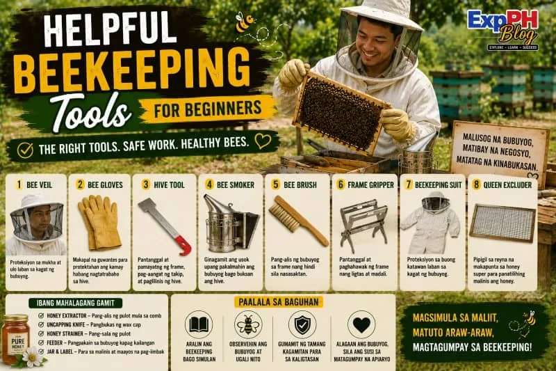 Filipino beginner beekeeper using protective gear and essential beekeeping tools beside active beehives on a rural farm in the Philippines.