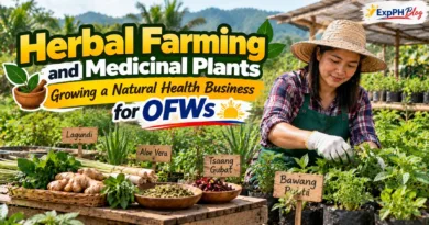 Filipino woman tending medicinal and herbal plants, including aloe vera and lagundi, in a small Philippine herb farm.