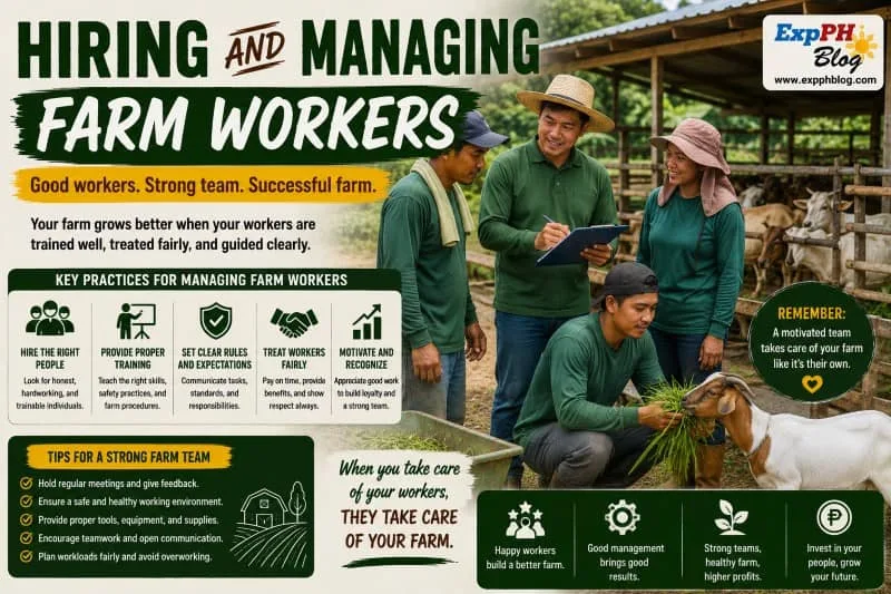 Filipino farm owner supervising livestock farm workers while managing daily farming operations with pigs and cattle in the Philippines.