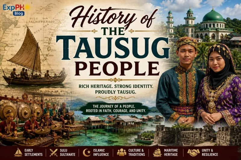 Historical visual of the Tausug people in Sulu featuring traditional Filipino Muslim clothing, kulintang music, maritime heritage, mosque, and cultural traditions.