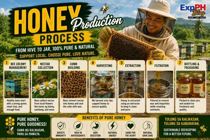Filipino beekeeper demonstrating the honey production process from hive inspection to honey extraction and bottling on a rural bee farm.