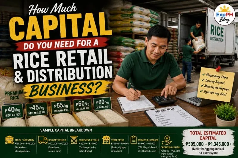Filipino entrepreneur computing startup capital for a rice retail and distribution business with rice sacks and ExpPH Blog logo