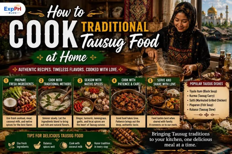 A Filipino woman cooking traditional Tausug food at home, surrounded by native spices and iconic dishes like Tiyula Itum, featuring the ExpPH Blog logo.